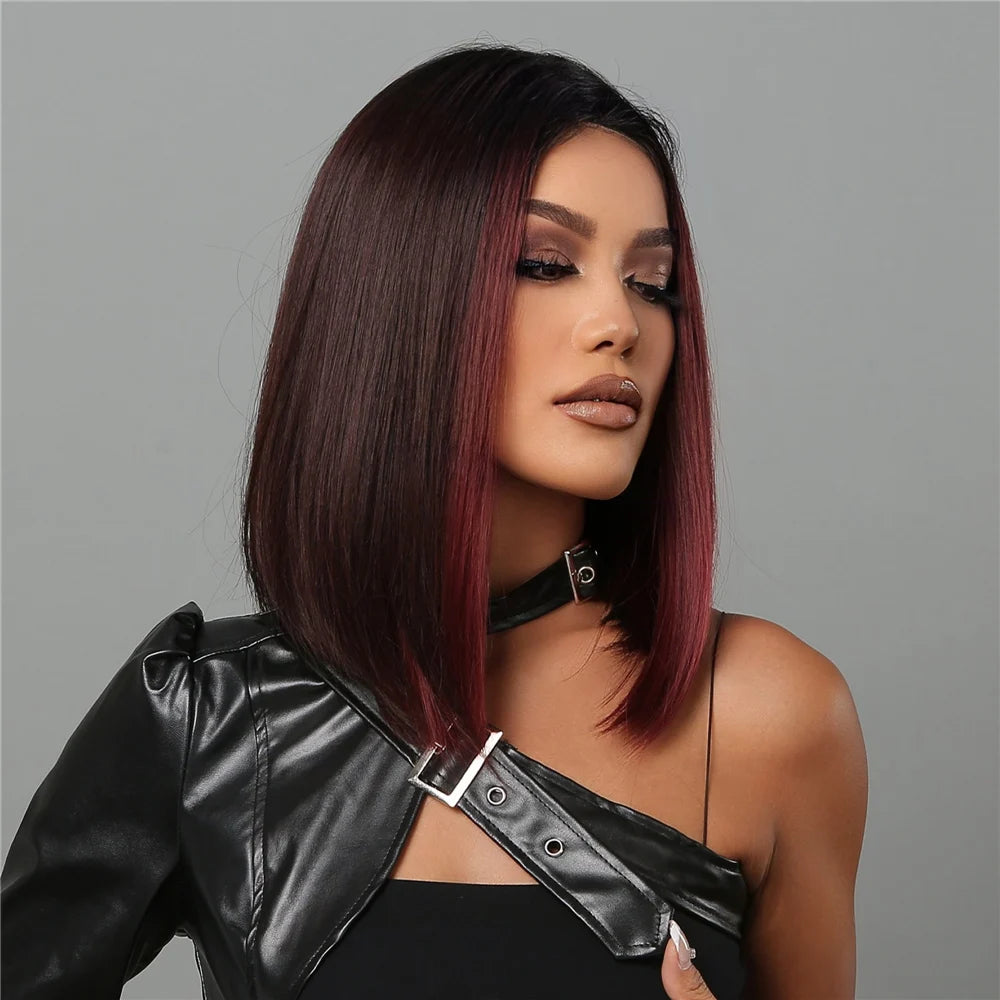 Medium Length Chestnut Brown Synthetic Wigs Hair Middle Part Wine Red Highlights Straight Wig Heat Resistant for Women Party Cosplay