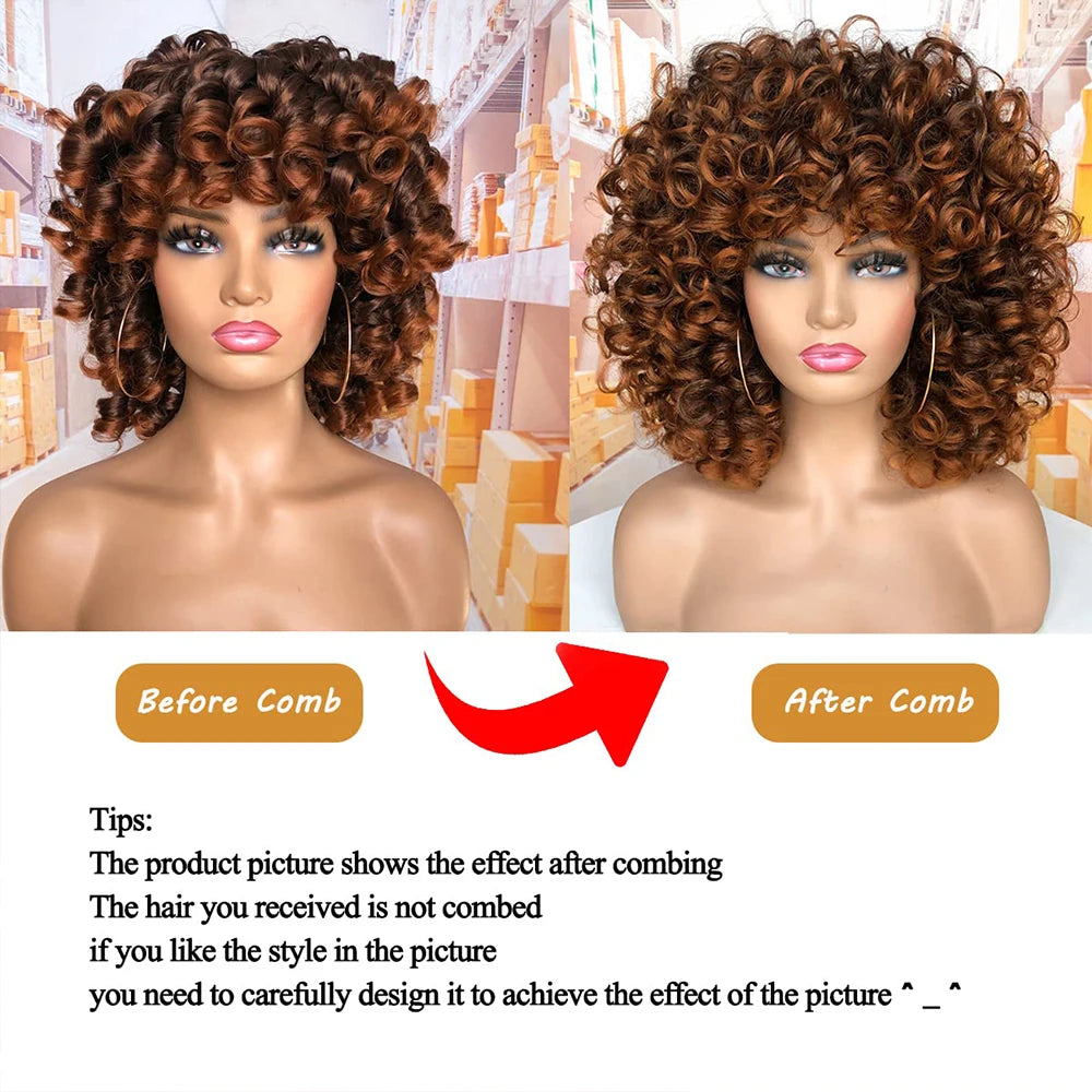 Short Hair Afro Curly Wig Natural Blonde Hair Wigs with Bangs Fluffy Synthetic Ombre Cosplay Lolita Wigs For Black Women