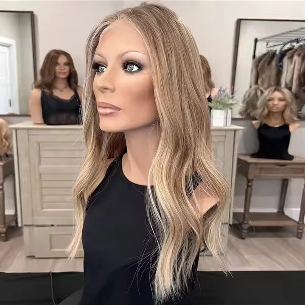 High Heat Fibre Realistic Lace Top Wig Warm Blonde Highlights HD Lace Front Hair Style Wigs for Women Hair Loss 13x4 Glueless Long Wavy Wigs