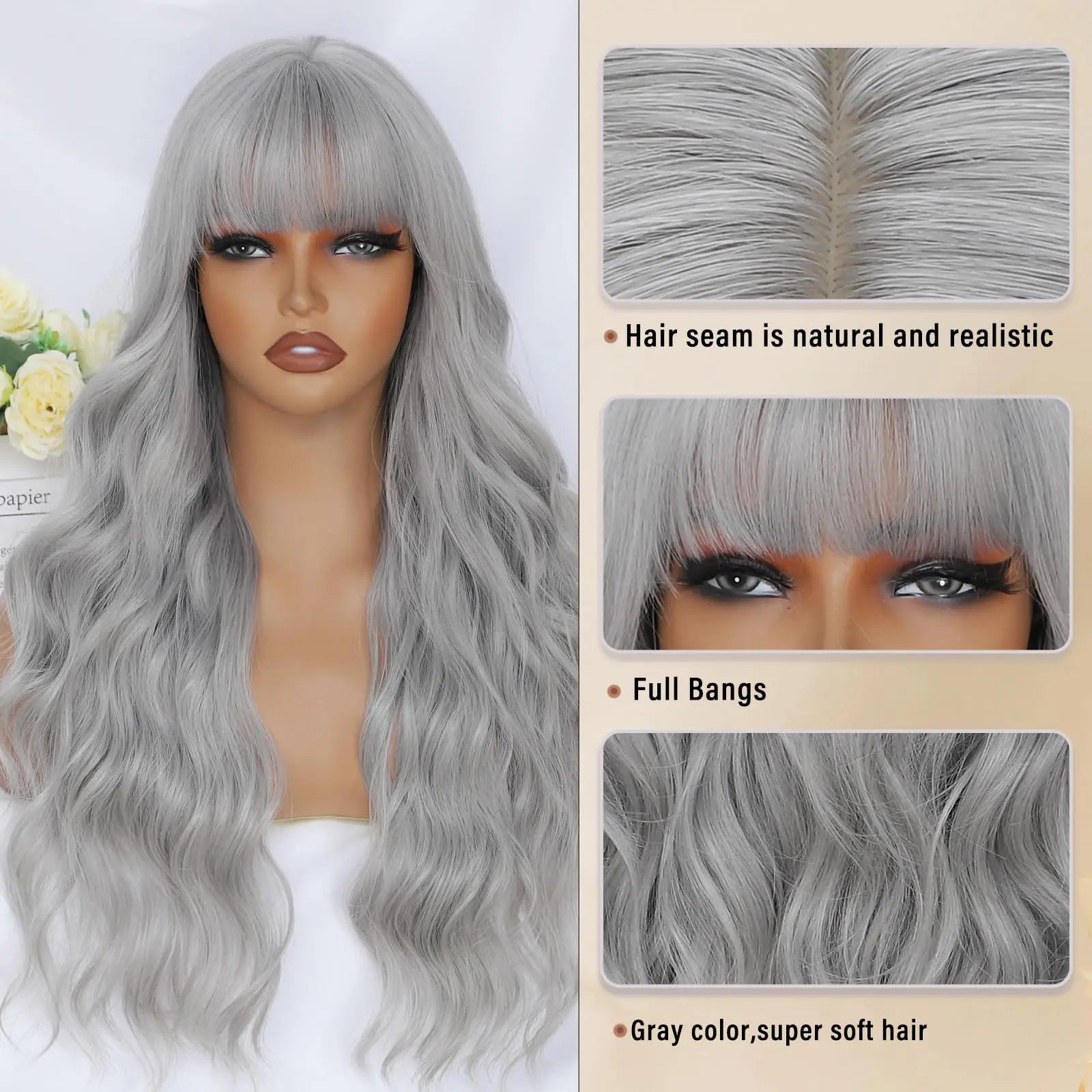 Gray long curly hair style synthetic wig with big waves, Halloween cosplay wigs, daily wig, high-temperature hair fiber wig set