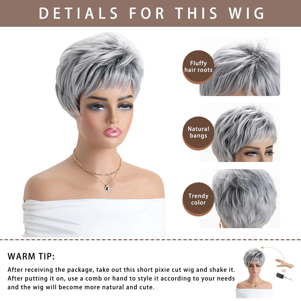 Short Natural Wigs with Bangs Soft Mommy Hair Daily Use Short  Grey Ombre Curly Synthetic Hair Costume Party Wig for Women