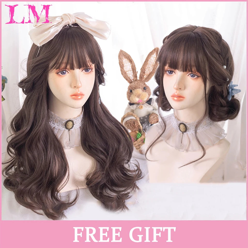 LM Cosplay Wig With Bangs Synthetic Straight Hair Wigs 24 Inch Long Heat-Resistant Pink Hair Style For Women