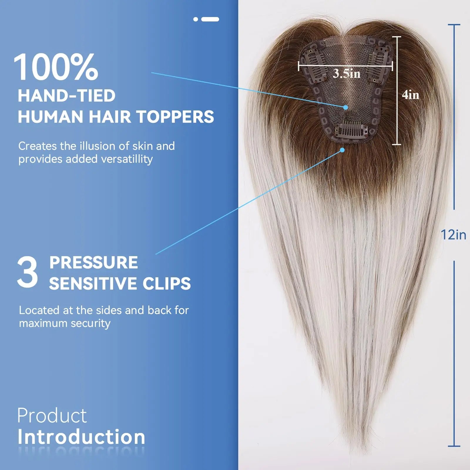 Blonde Ombre 100% Remy Human Hair Toppers Clips In Hair Lace Base Topper Hairpieces for Women Hair Extensions 12 Inch Straight