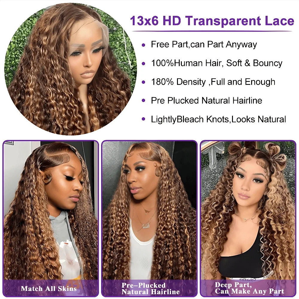 Highlight Deep Wave Wig 100%Human Hair Style Wigs 13x6/13X4 HD Lace Frontal Wig Honey Blonde 13x4 Lace Front Human Hair Wigs For Women