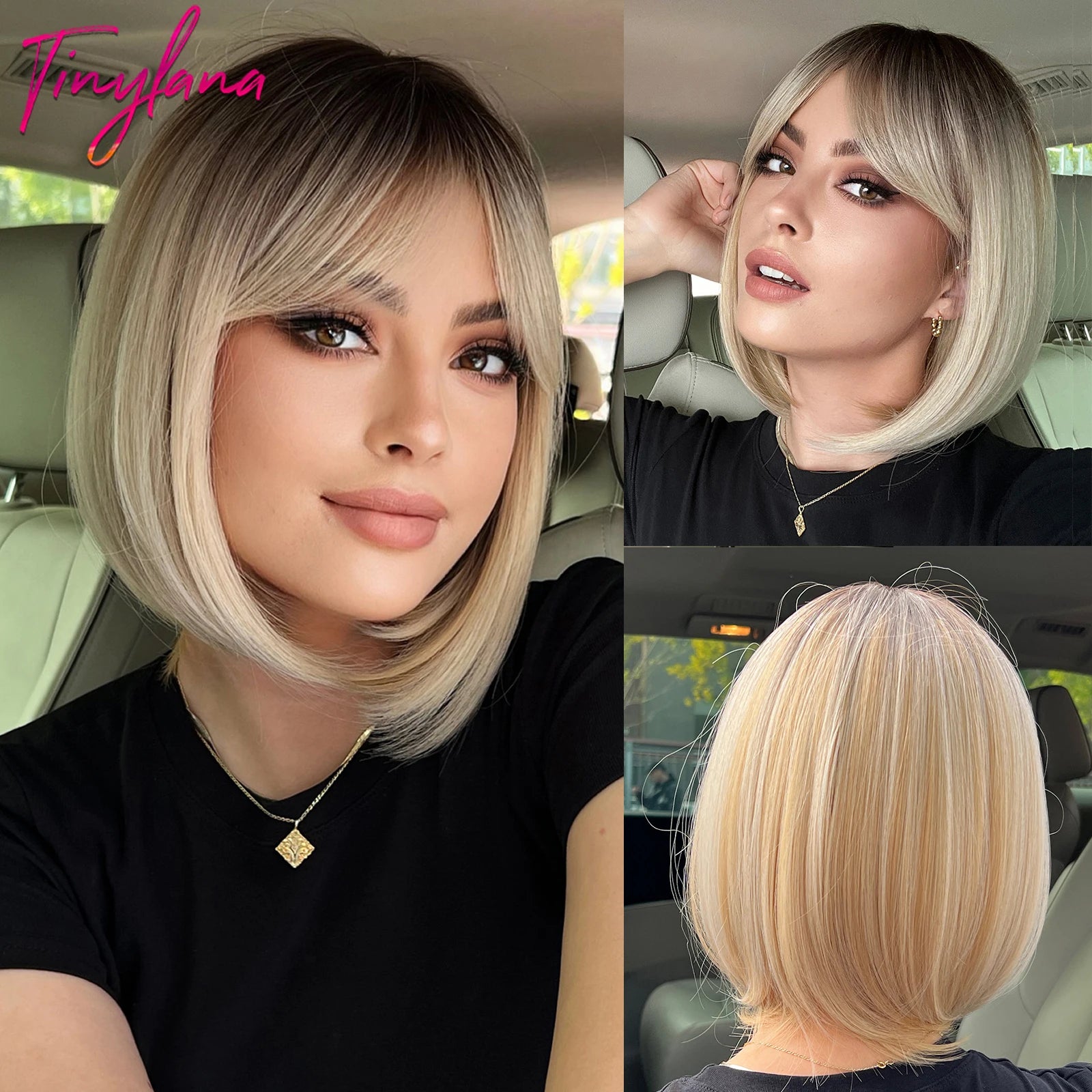 Dark Brown Short Bob Synthetic Hair Wigs with Bangs Straight Cosplay Lolita Natural Wig for Women Afro Blunt Cut Heat Resistant