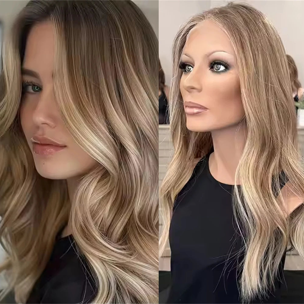 High Heat Fibre Realistic Lace Top Wig Warm Blonde Highlights HD Lace Front Hair Style Wigs for Women Hair Loss 13x4 Glueless Long Wavy Wigs