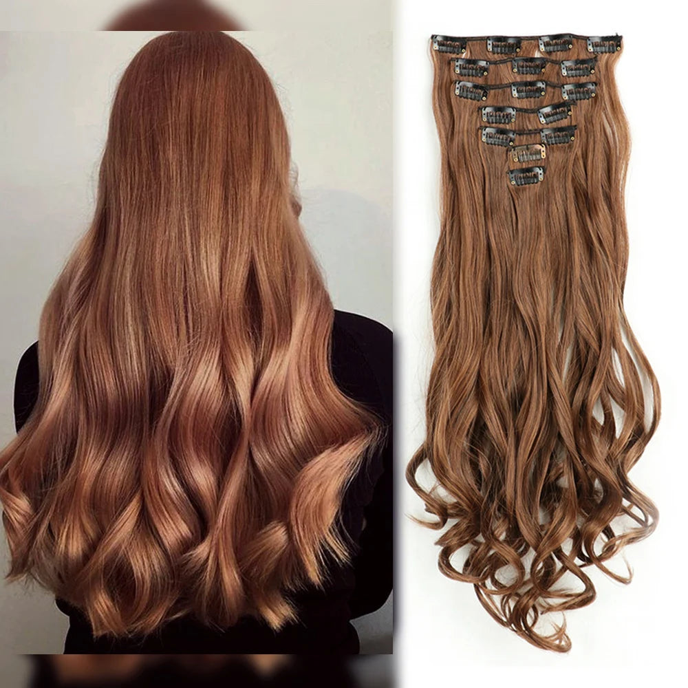 Clip In Wig Hair Extensions 7 PCS Full Head 22 Inch Long Curly Wavy Synthetic Hair Wigs Pieces Natural Wavy For Women Girls Hair Style