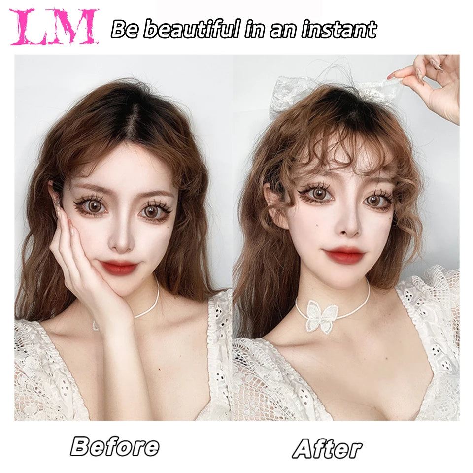 LM Curly Straight Hair Wigs Bangs Clip Natural Hair Style Black Dark Brown Light Brown Synthetic Heat-Resistant Fiber Suitable For Women Wig