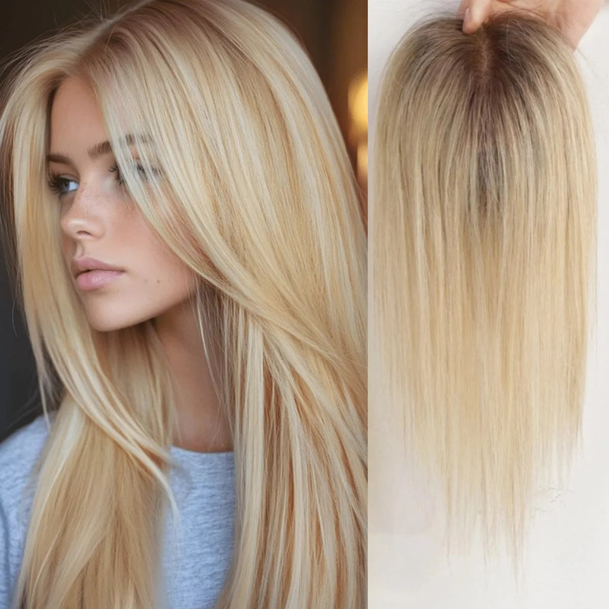 Blonde Ombre 100% Remy Human Hair Toppers Clips In Hair Lace Base Topper Hairpieces for Women Hair Extensions 12 Inch Straight