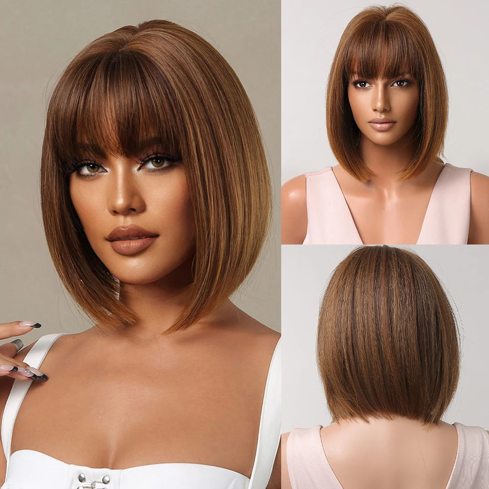 Short straight synthetic wig Ginger Brown Bob wigs with straight bangs Ladies Cosplay daily natural high temperature silk wigs