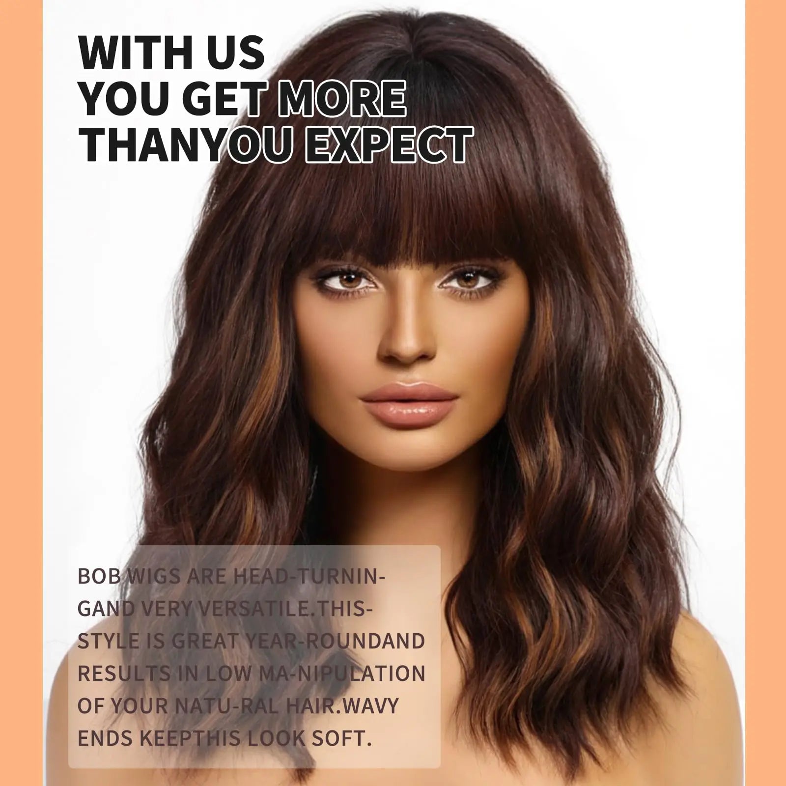 Short Brown Highlight Wigs With Bangs Natural Wavy Hair Style Wigs For White Women Heat Resistant Synthetic Bob Wig Shoulder Length