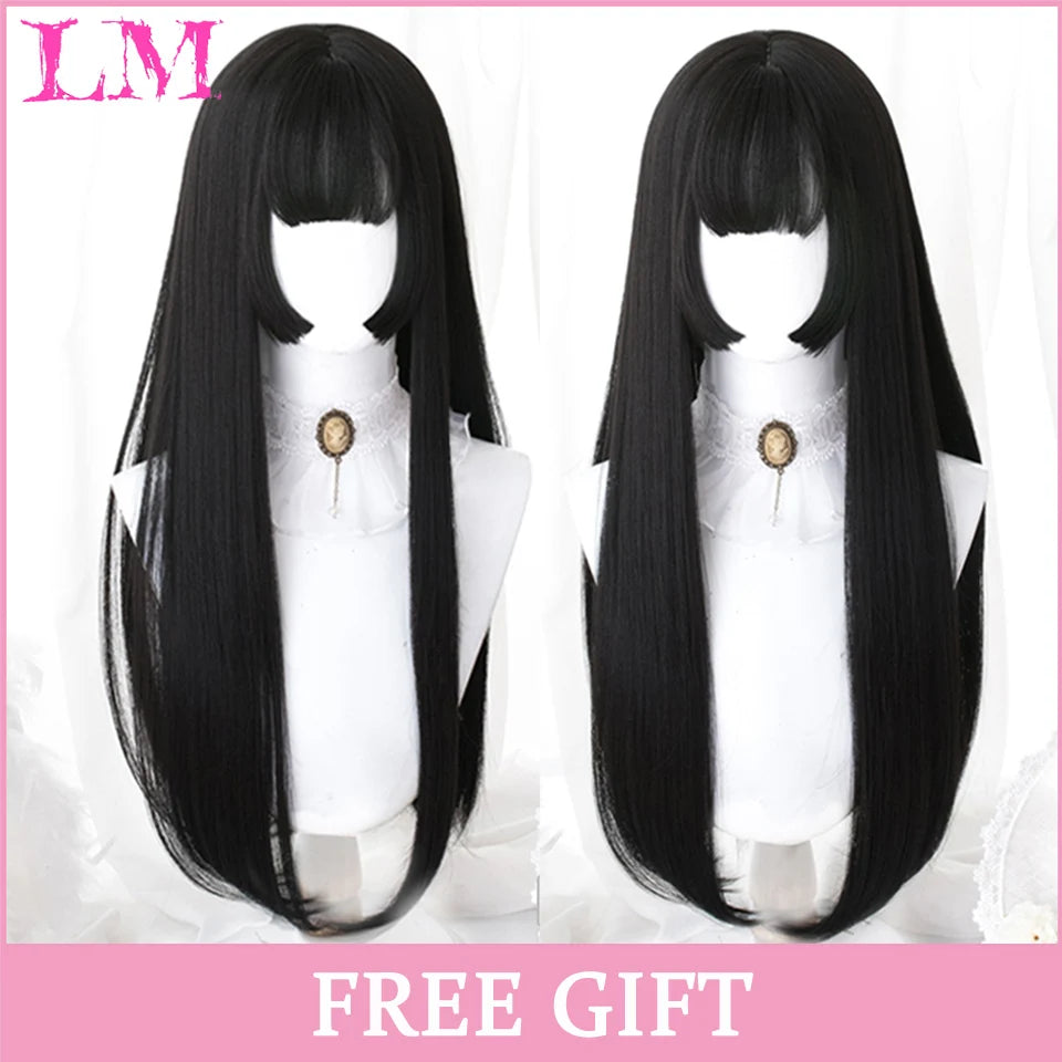 LM Cosplay Wig With Bangs Synthetic Straight Hair Wigs 24 Inch Long Heat-Resistant Pink Hair Style For Women
