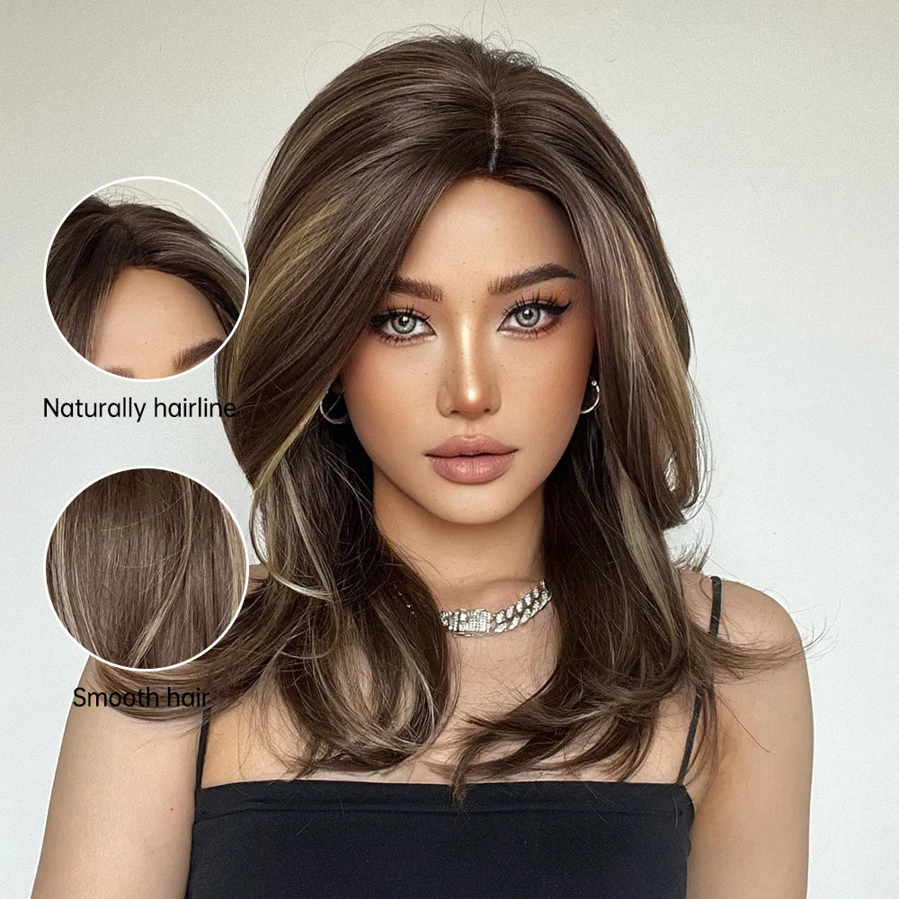 ELEMENT Synthetic Wig Medium Wavy Hair Brown Mixed Blonde Wigs for Women Daily Party Cool Heat Resistant Breathable Headband, Hair style