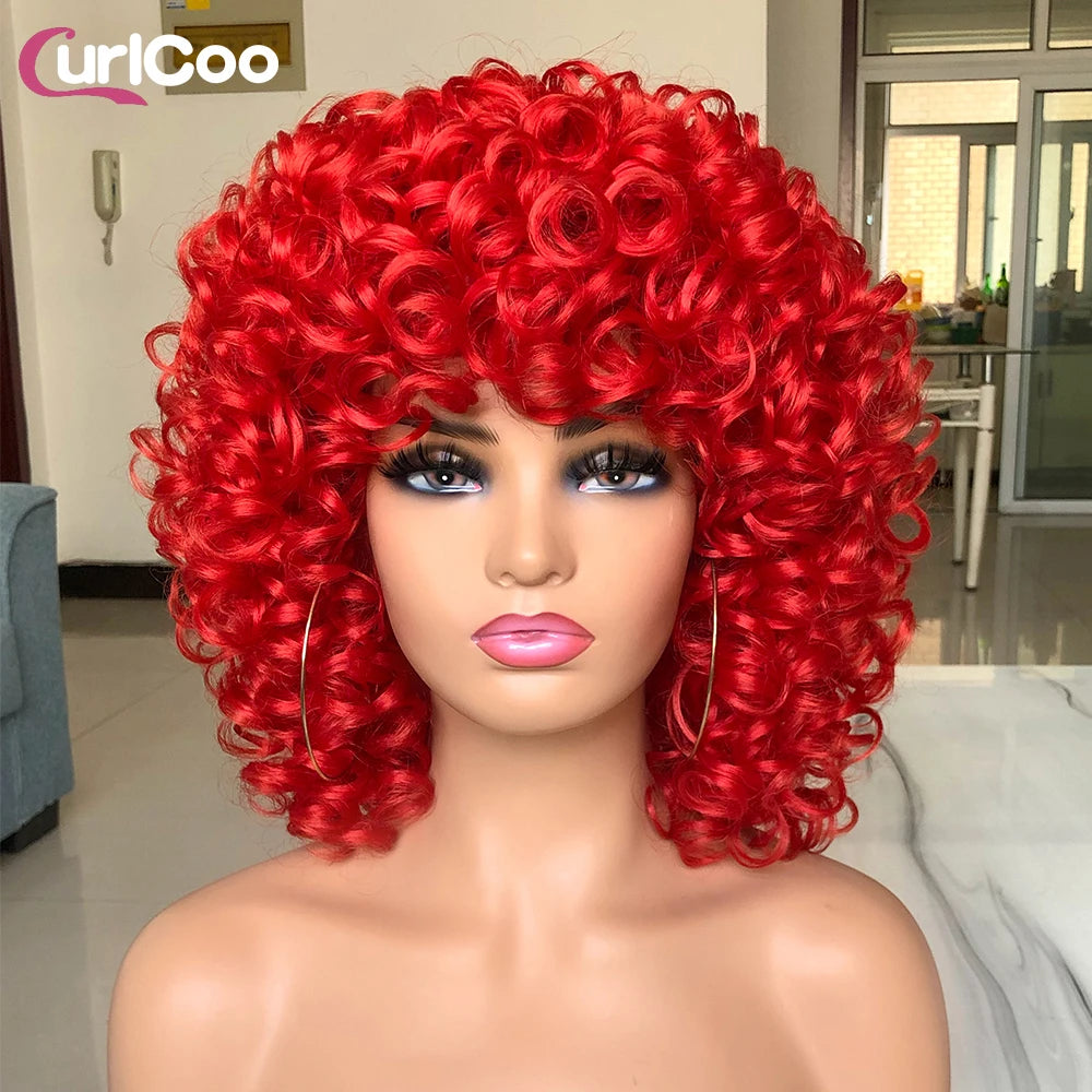 Short Hair Afro Curly Wig Natural Blonde Hair Wigs with Bangs Fluffy Synthetic Ombre Cosplay Lolita Wigs For Black Women