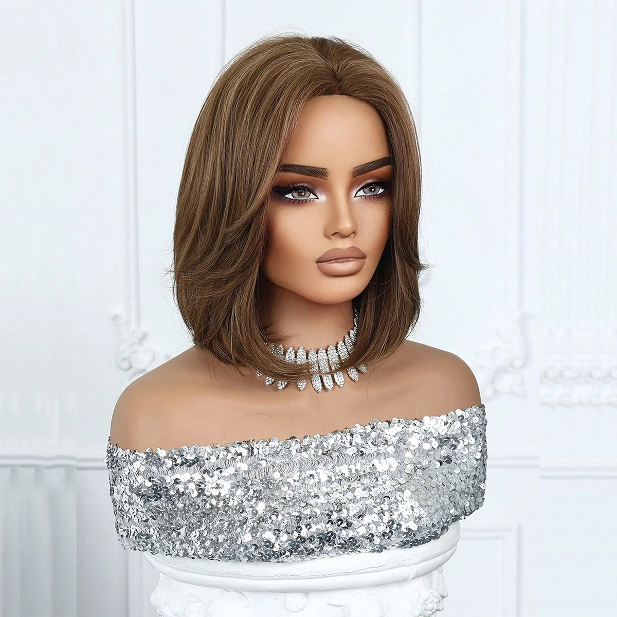 EASIHAIR Short Straight Bob Hair Wigs Synthetic Wig for Women Brown Straight Natural Wigs with Eight Character Daily Cosplay for Women Hair Style