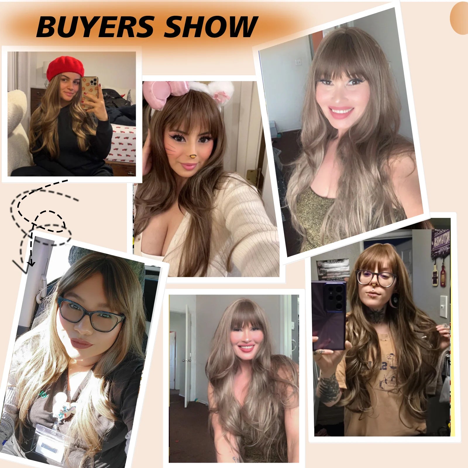 28 Inch Long Curly Wig With Bangs Ombre Brown Hair Style Wigs For Women Highlight Blonde Synthetic Wig For Daily Party Heat Resistant