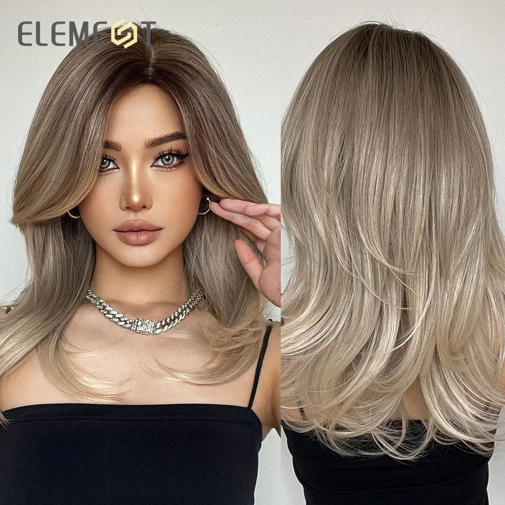 ELEMENT Synthetic Wig Medium Wavy Hair Brown Mixed Blonde Wigs for Women Daily Party Cool Heat Resistant Breathable Headband, Hair style