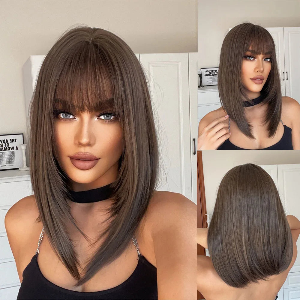 Straight Black Bob Synthetic Wig with Bangs Medium Long Cosplay Layered Hair Wigs for Woman Natural Hair Daily Wigs Hair Style Heat Resistant