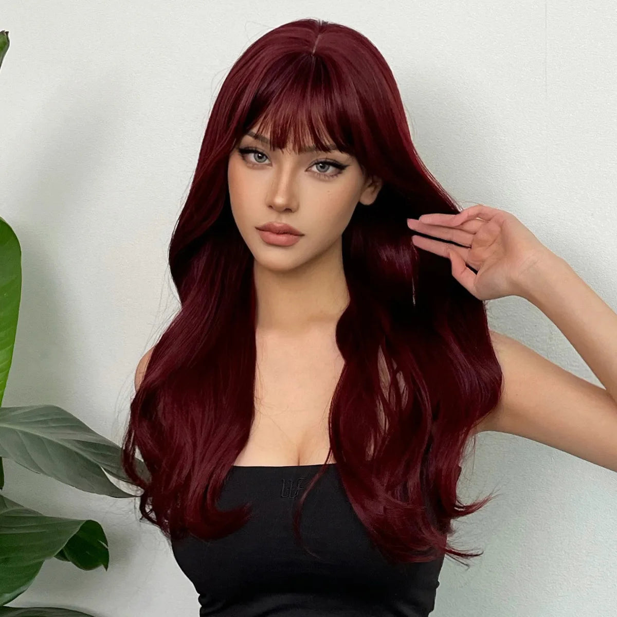 New wine red synthetic wig with bangs big waves long curly hair daily holiday wigs high temperature silk full head cover