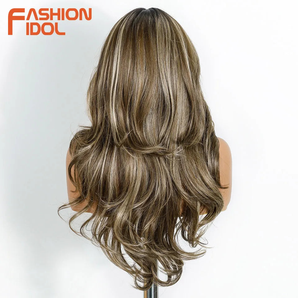 FASHION IDOL 24 Inch Long Loose Body Wavy Lace Front Wigs For Women Hair Style Pre-Cut Pre Plucked Lace Hair Wigs Ombre Blonde White Cosplay Wig