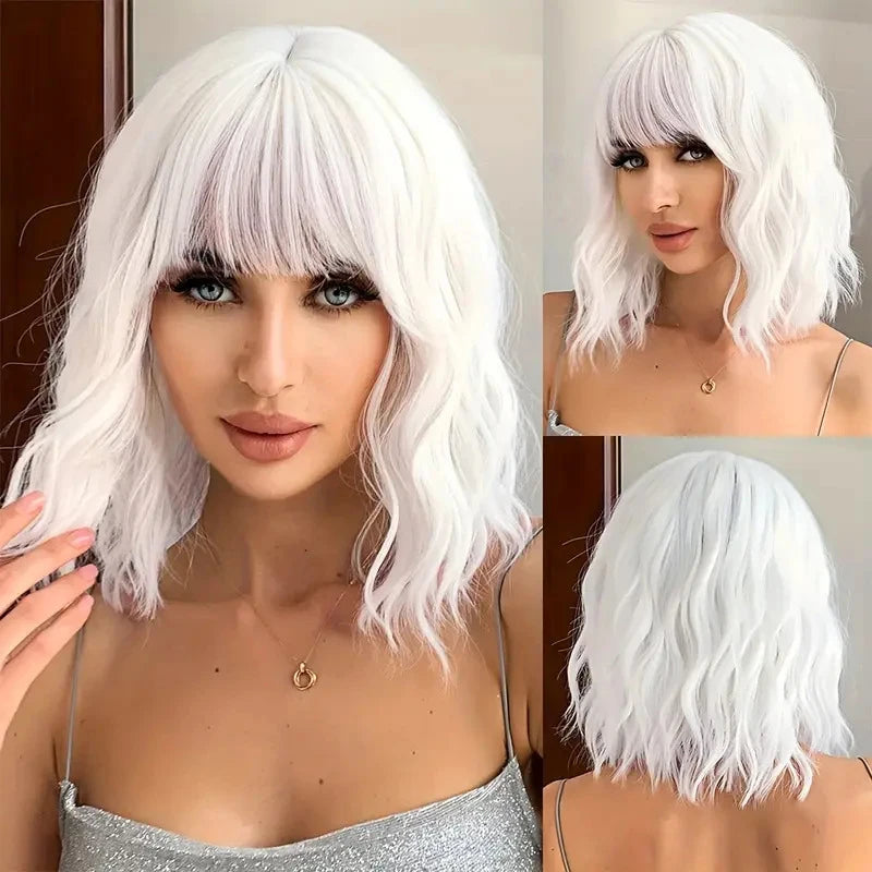 14Inch Pink Wig for Women Short Wavy Pastel Pink Hair Wigs with Lace Shoulder Length Middle Part Curly Wavy of Wigs