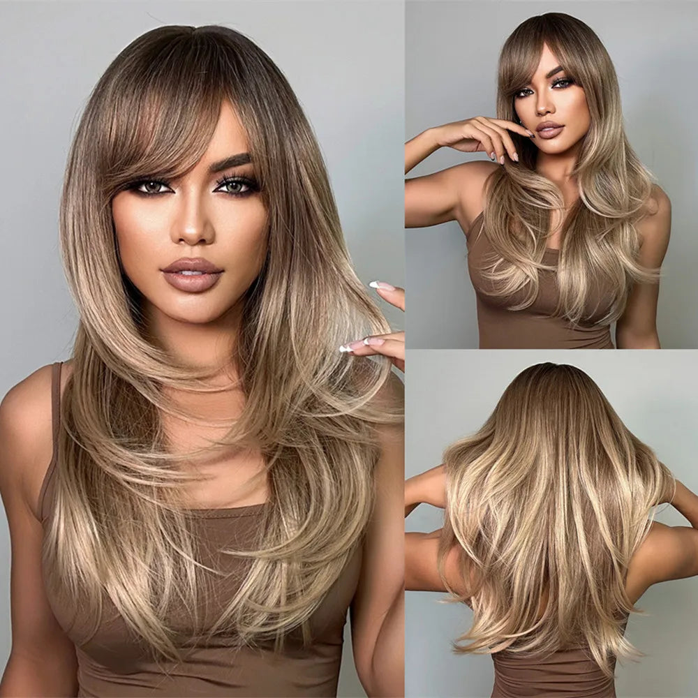 ALAN EATON Long Brown Highlight Synthetic Wig Layered Straight Hair Style Wigs Realistic Fake Hair for Daily Wear High Temperature Wigs