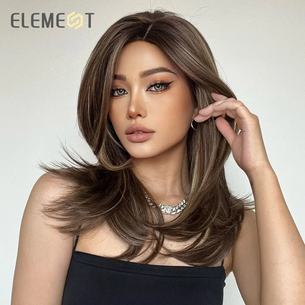 ELEMENT Synthetic Wig Medium Wavy Hair Brown Mixed Blonde Wigs for Women Daily Party Cool Heat Resistant Breathable Headband, Hair style