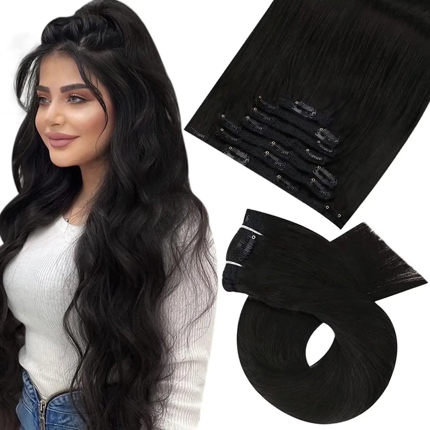 [Hot Sale] Moresoo Clip in Wigs Hair Extensions Real Natural Hair Remy Straight Wig Set 5&7 Pcs Brazilian Clip in Human Hair Extensions and Accessories