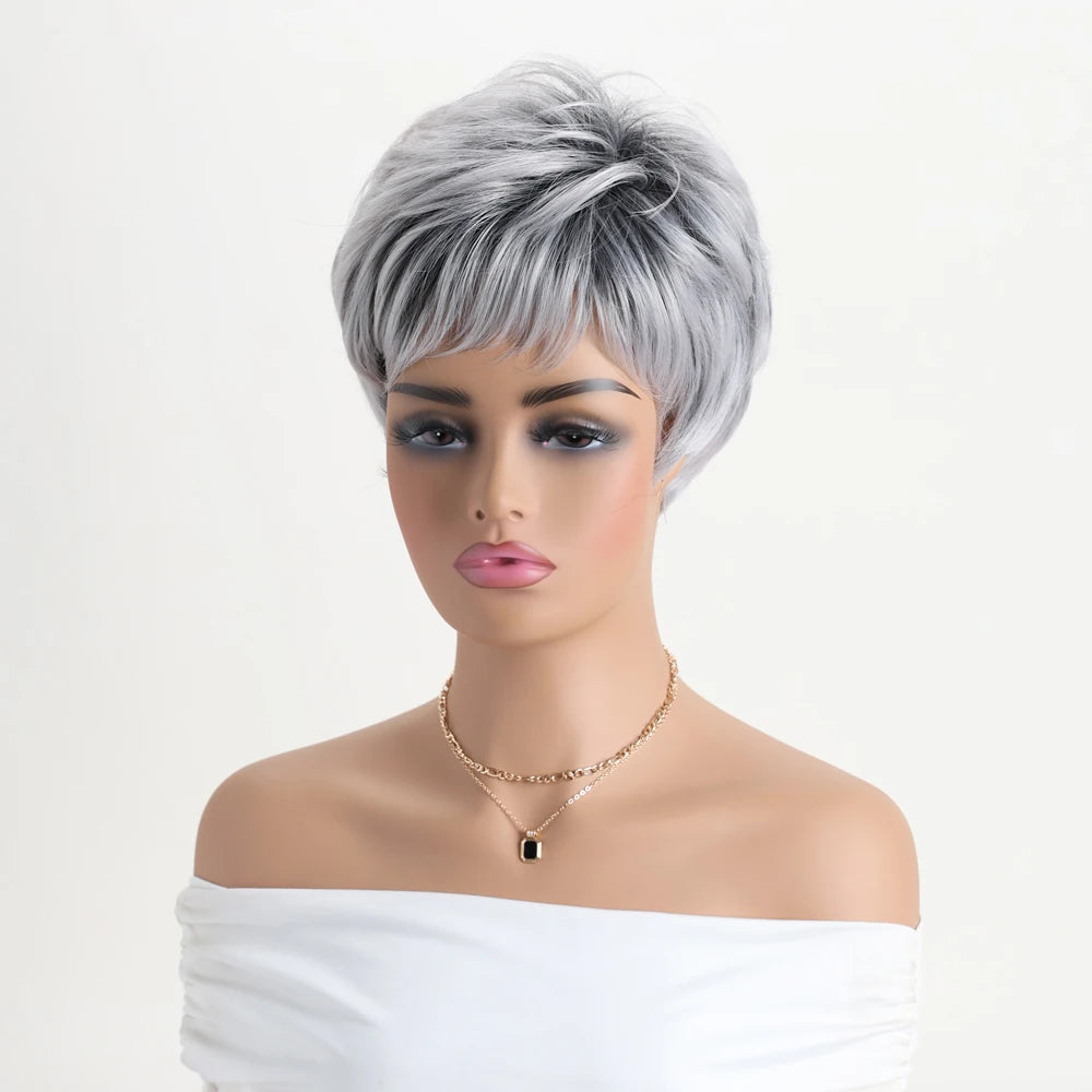 Short Natural Wigs with Bangs Soft Mommy Hair Daily Use Short  Grey Ombre Curly Synthetic Hair Costume Party Wig for Women