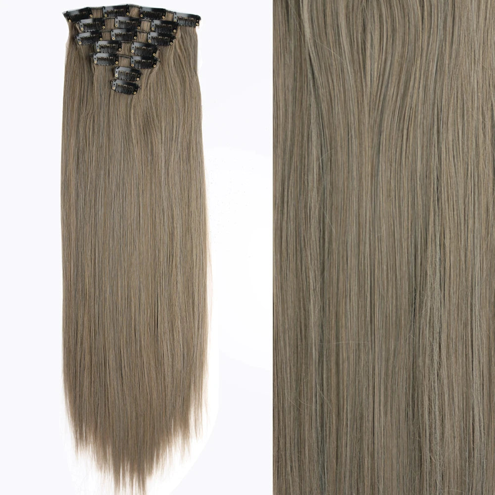 7Pcs/Set 16 Clips Wig Hair Accessories Extension Black Long Straight Natural Hair Wigs Ombre Hairpiece Heat Resistant Fiber For Women Hair Style