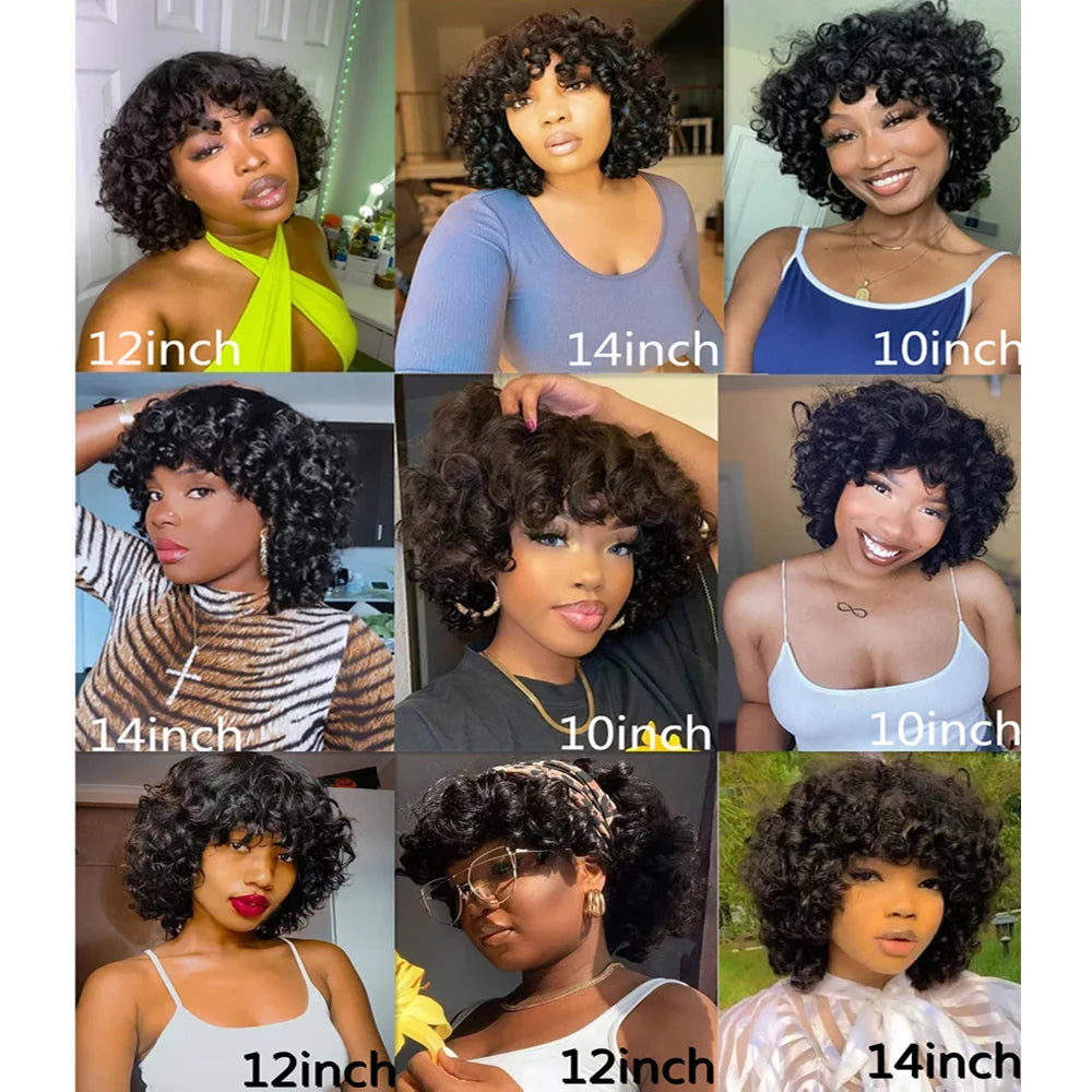 Short Curly Bob Wig Human Hair With Bangs Ready to Go Glueless Bouncy Curly Human Hair Wigs Machine Made Afro Wigs for Women Hair Style