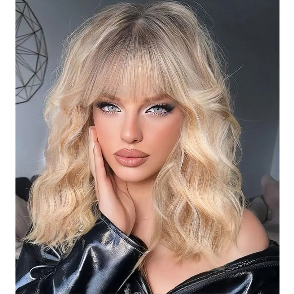 Short Brown Highlight Wigs With Bangs Natural Wavy Hair Style Wigs For White Women Heat Resistant Synthetic Bob Wig Shoulder Length