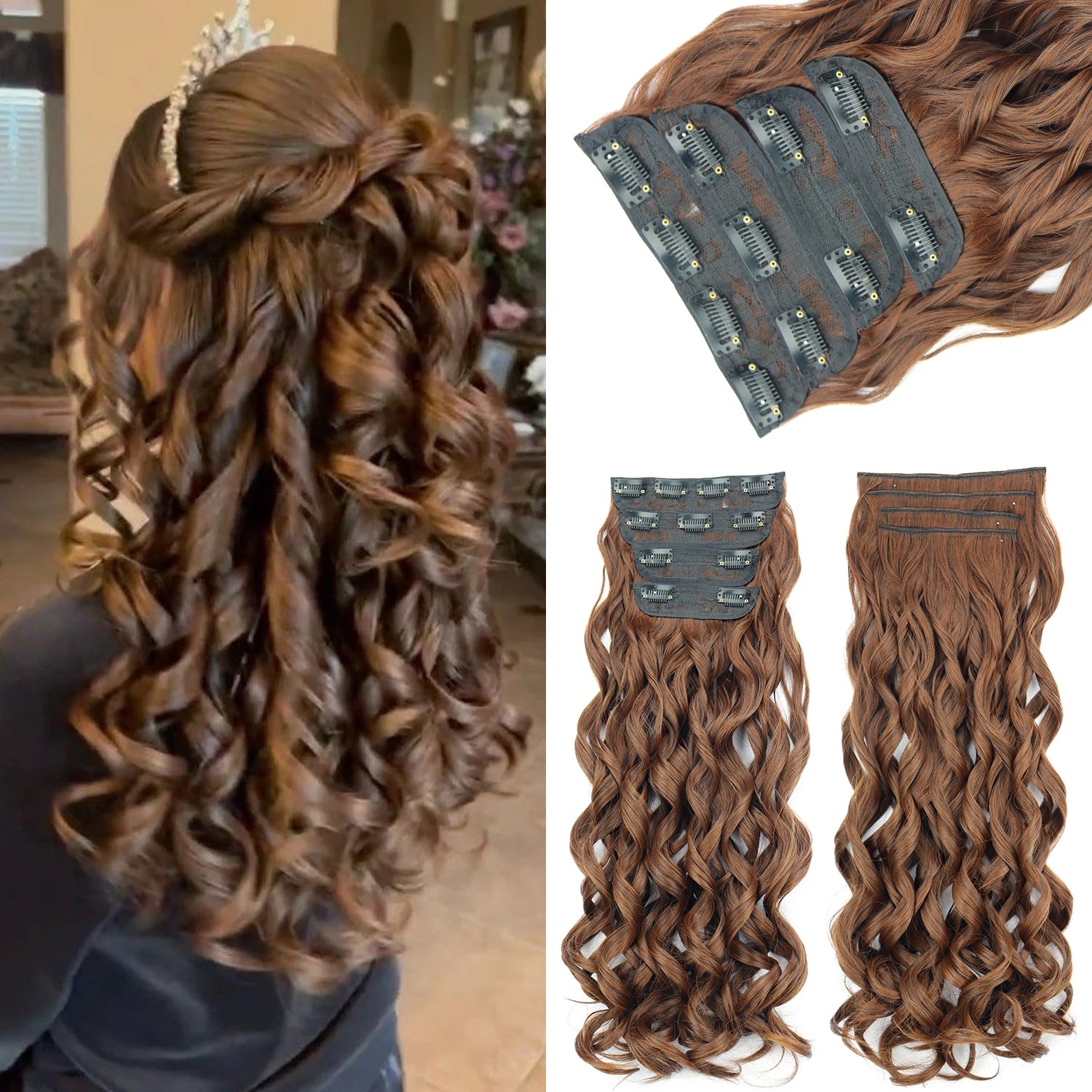 Wig 4Pcs/Set Clip In Hair Accessories and Extensions Synthetic Long Curly Wave Hair Wigs Brown Blonde Black Fake Hairpiece For Women Daily Use