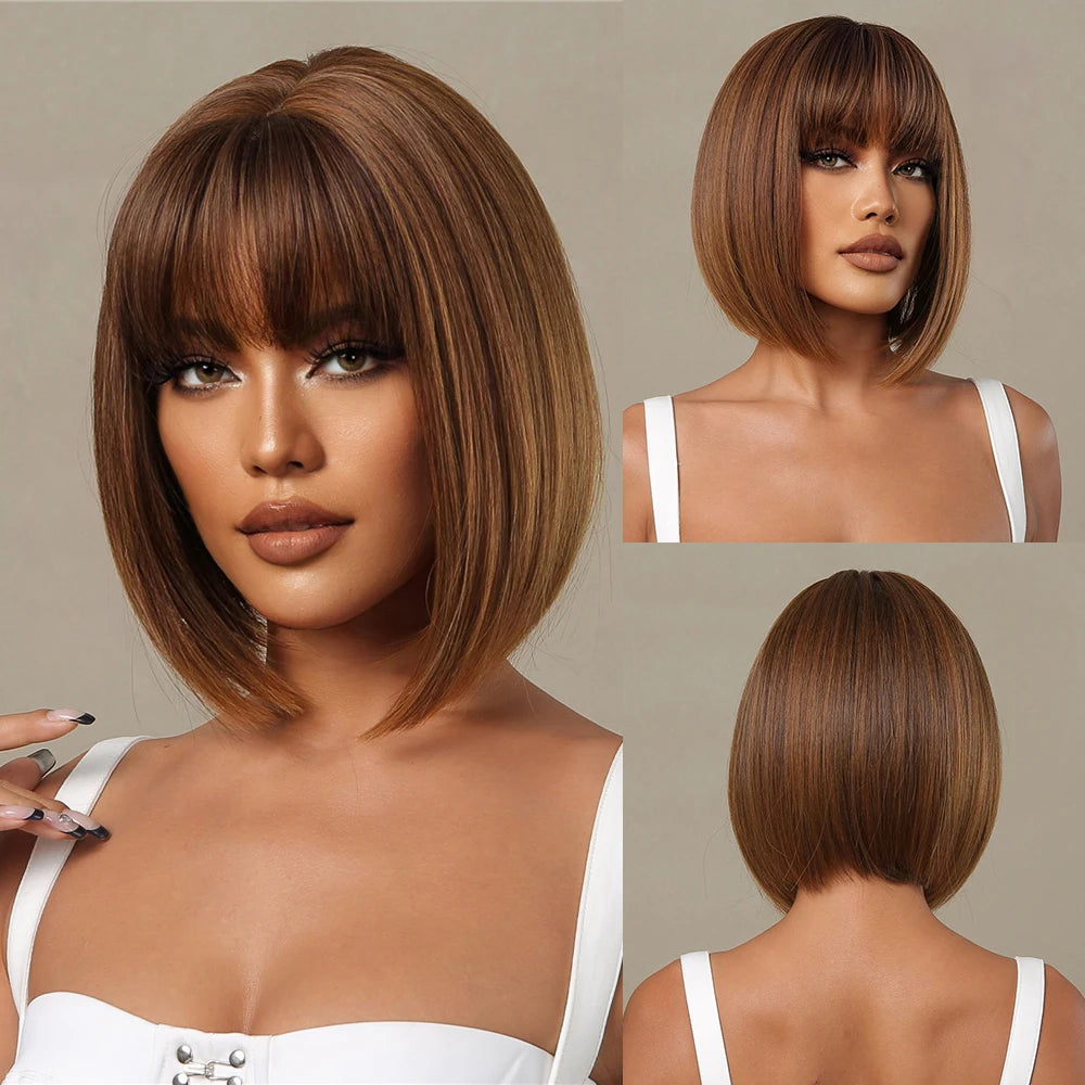 ALAN EATON Layered Synthetic Wig with Bangs Straight Short Highlights Blonde Hair Wigs with for Women Daily Use
