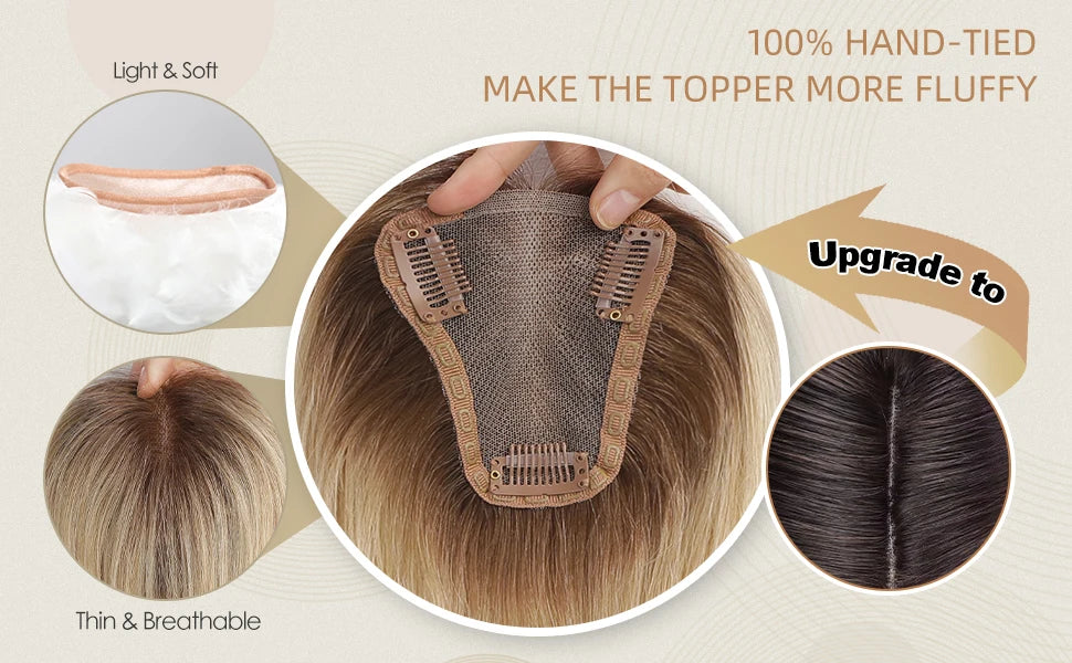 Blonde Ombre 100% Remy Human Hair Toppers Clips In Hair Lace Base Topper Hairpieces for Women Hair Extensions 12 Inch Straight