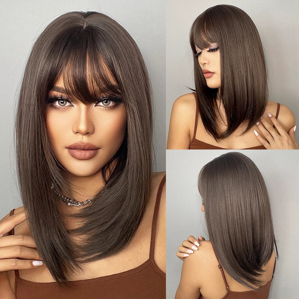 ALAN EATON Layered Synthetic Wig with Bangs Straight Short Highlights Blonde Hair Wigs with for Women Daily Use