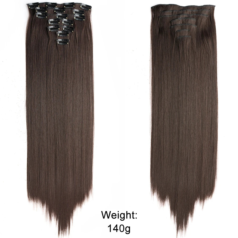 7Pcs/Set 16 Clips Wig Hair Accessories Extension Black Long Straight Natural Hair Wigs Ombre Hairpiece Heat Resistant Fiber For Women Hair Style