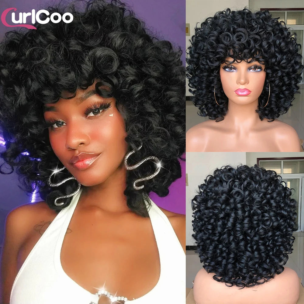 Short Hair Afro Curly Wig Natural Blonde Hair Wigs with Bangs Fluffy Synthetic Ombre Cosplay Lolita Wigs For Black Women