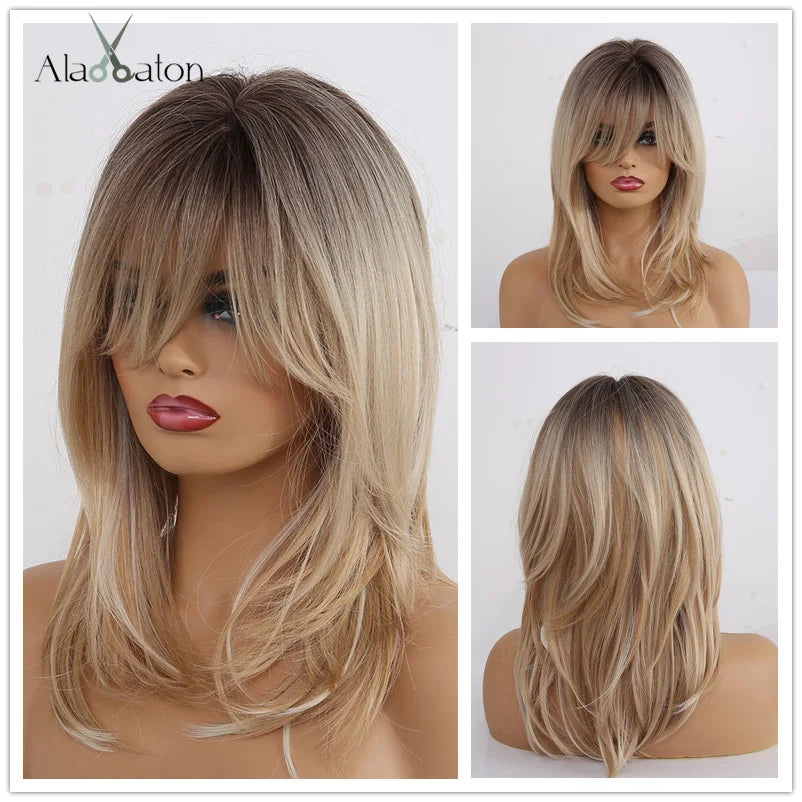 ALAN EATON Layered Synthetic Wig with Bangs Straight Short Highlights Blonde Hair Wigs with for Women Daily Use
