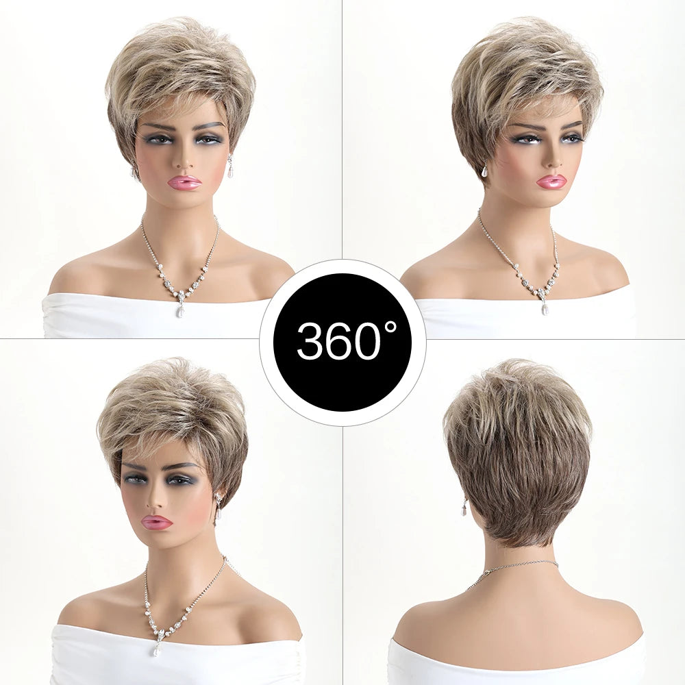 Short Natural Wigs with Bangs Soft Mommy Hair Daily Use Short  Grey Ombre Curly Synthetic Hair Costume Party Wig for Women