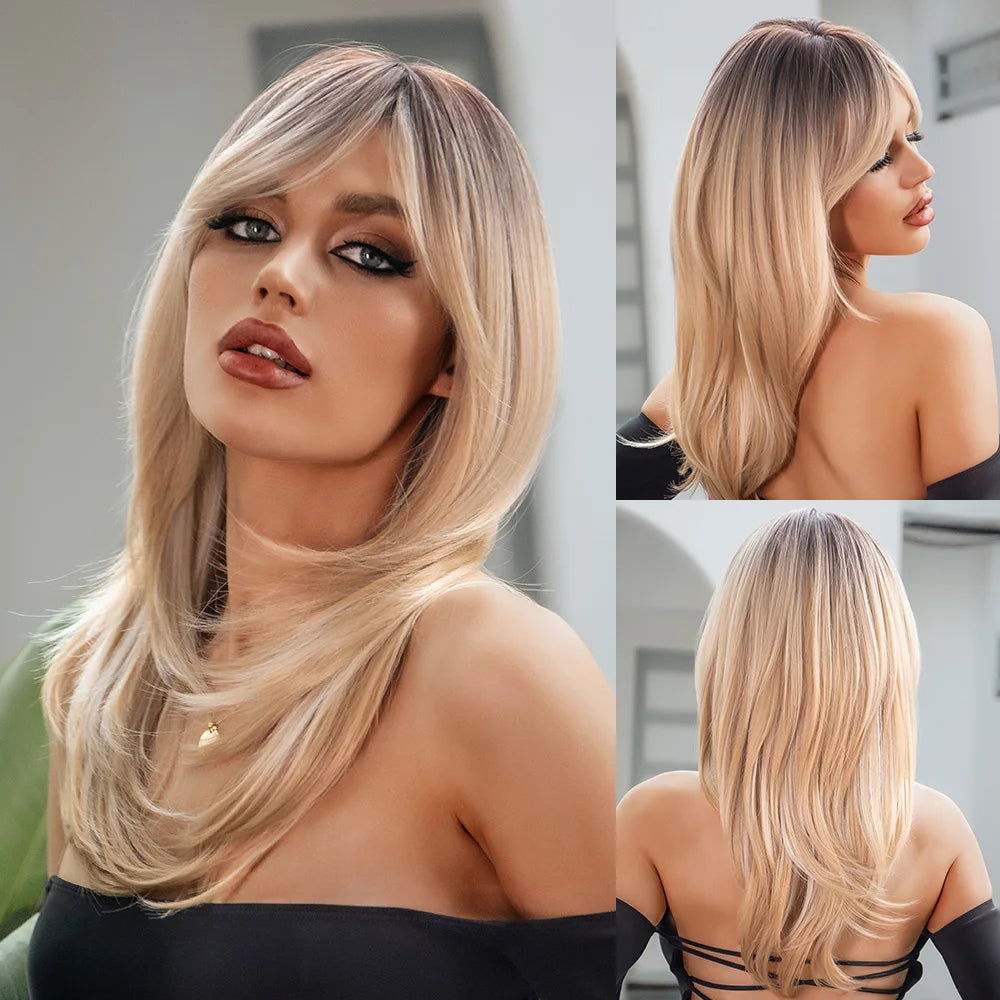 Blonde Unicorn Synthetic Medium Long Straight Brown Blonde Wig For Women Cosplay Daily Party Wigs Heat Resistant False Hair Style