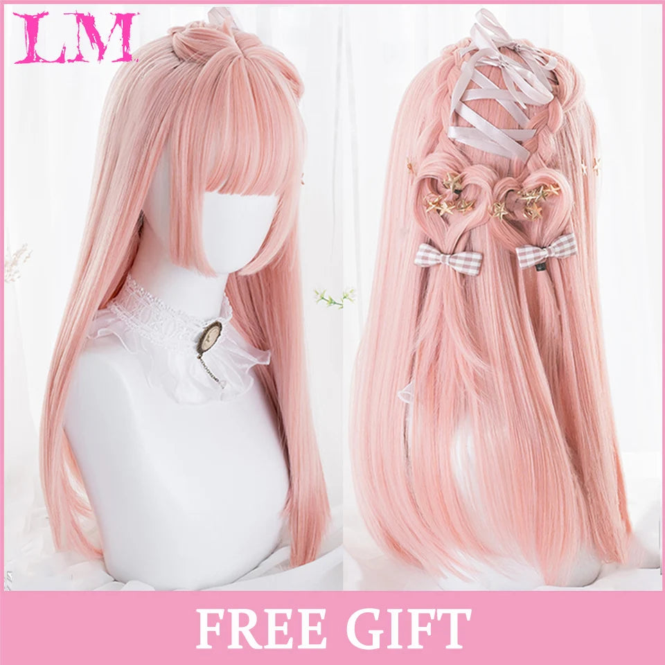 LM Cosplay Wig With Bangs Synthetic Straight Hair Wigs 24 Inch Long Heat-Resistant Pink Hair Style For Women