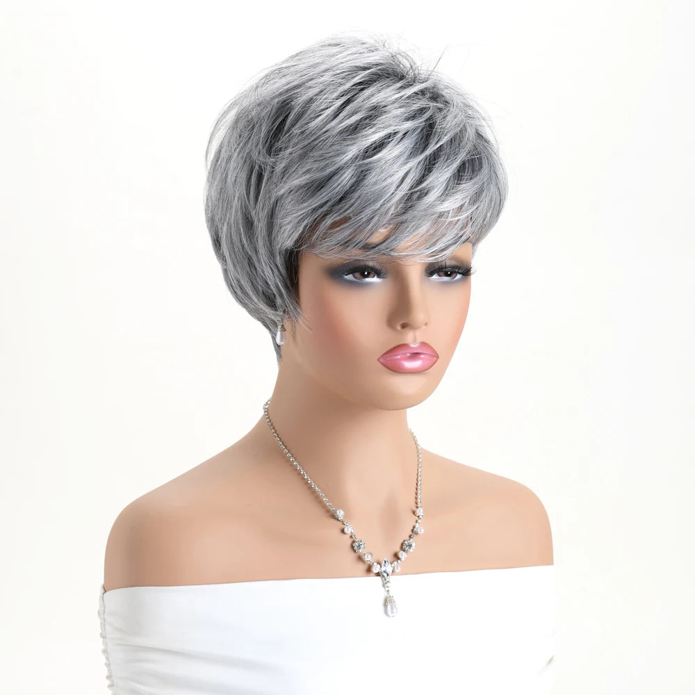 Short Natural Wigs with Bangs Soft Mommy Hair Daily Use Short  Grey Ombre Curly Synthetic Hair Costume Party Wig for Women