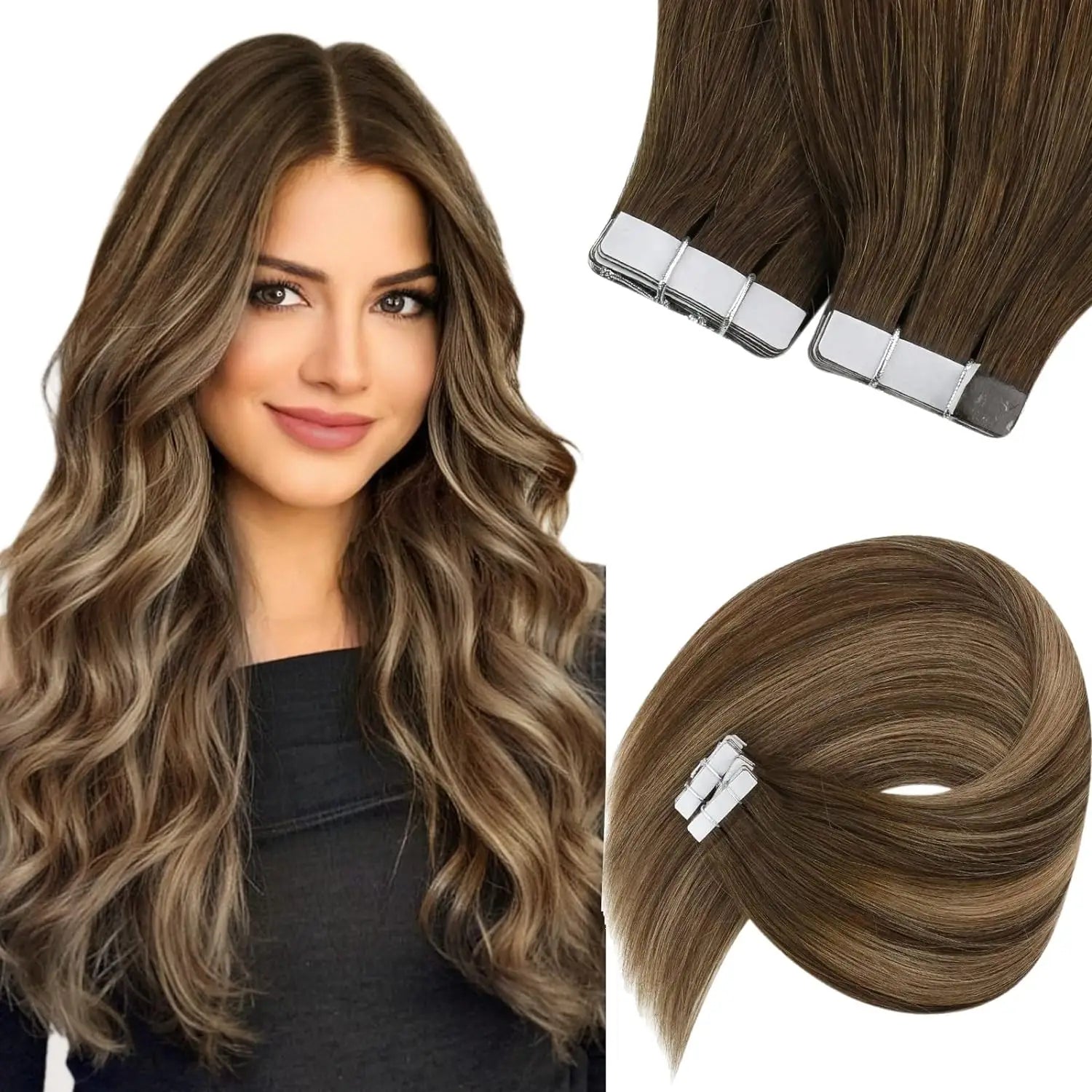 [NEW]VeSunny Tape In Hair Extensions and Accessories Human Hair Wigs Real Natural Hair Balayage Color #4-14-60 Skin Weft Straight Seamless Wig