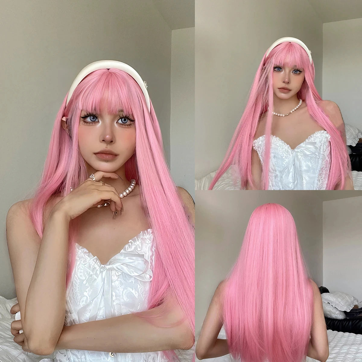 Pink synthetic wig with big waves for Halloween party, cosplay wigs, daily wig, high-temperature hair accessory wig set