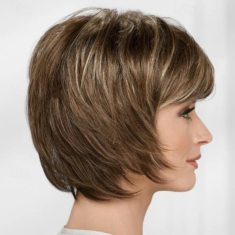 HAIRJOY Synthetic Hair Short Straight Wigs for White Women Mixed Brown Wigs with Bangs  Wig Short Hair Wigs