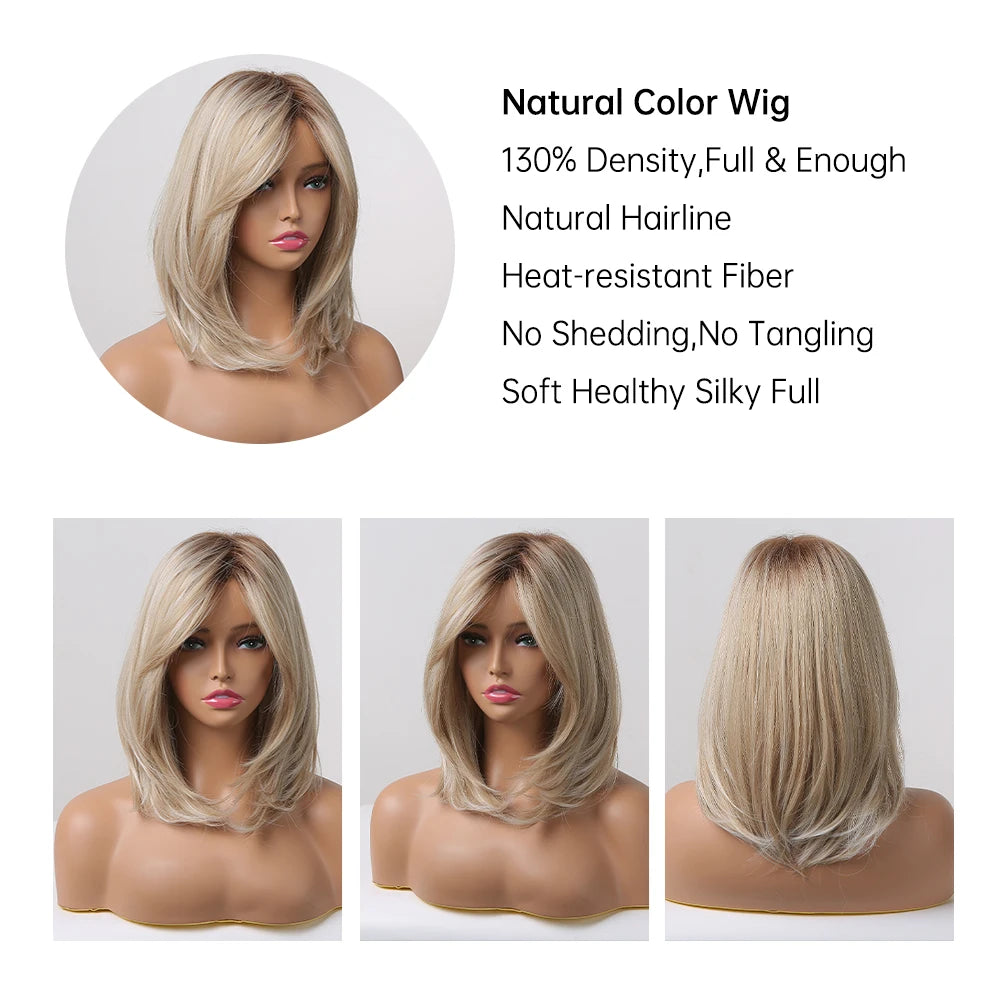ALAN EATON Layered Synthetic Wig with Bangs Straight Short Highlights Blonde Hair Wigs with for Women Daily Use