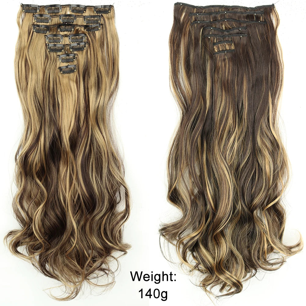 7Pcs/Set 16 Clips Wig Hair Accessories Extension Black Long Straight Natural Hair Wigs Ombre Hairpiece Heat Resistant Fiber For Women Hair Style