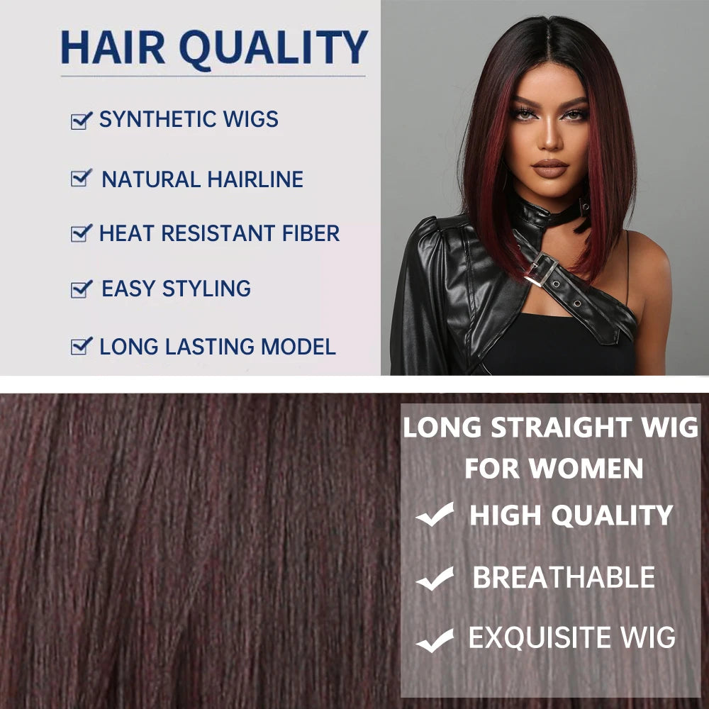 Medium Length Chestnut Brown Synthetic Wigs Hair Middle Part Wine Red Highlights Straight Wig Heat Resistant for Women Party Cosplay