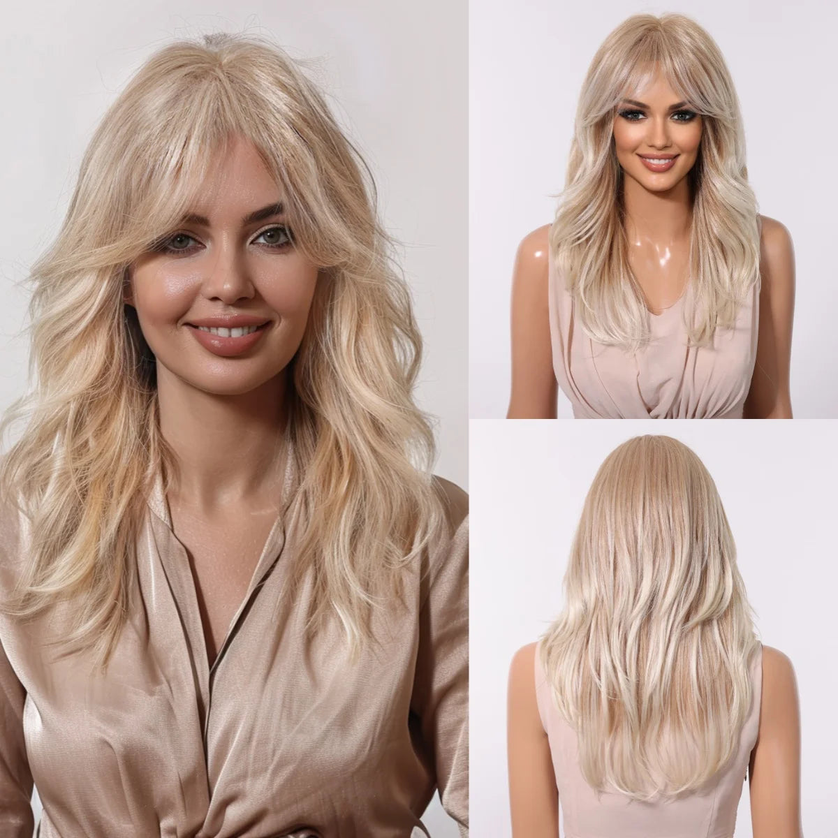 Golden Blonde Mixed Synthetic Wig Dark Root Wavy Hair With Side Bangs for Women Daily Party Cosplay wig Heat Resistant Fiber